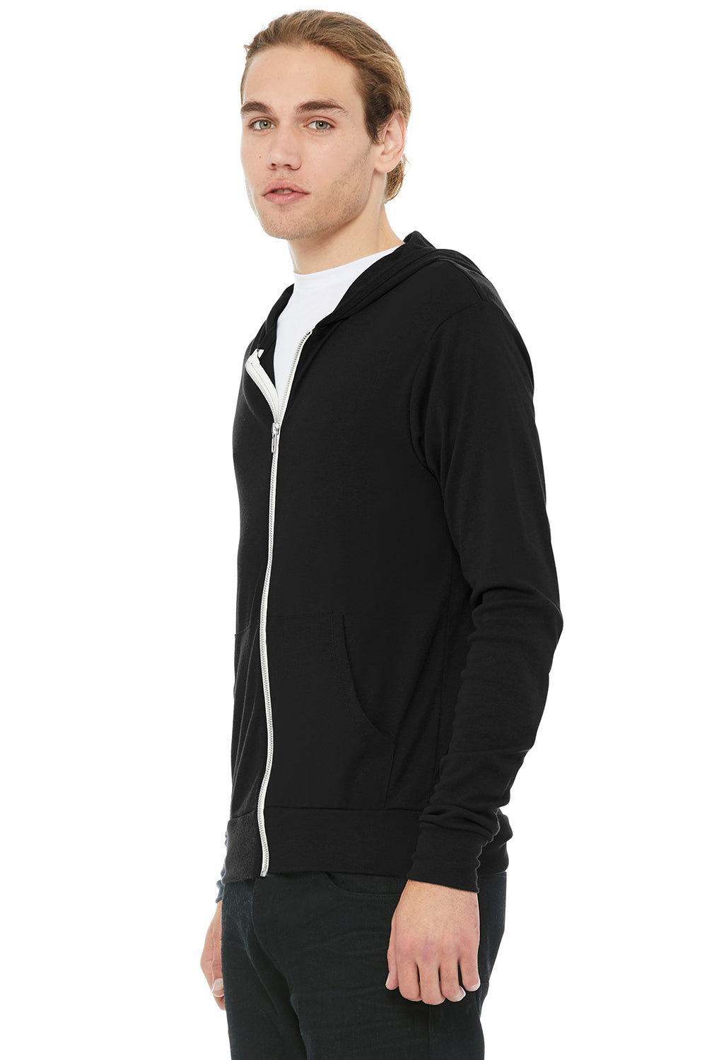Bella + Canvas BC3939/3939 Mens Full Zip Long Sleeve Hooded T-Shirt Hoodie Solid Black Model 3Q