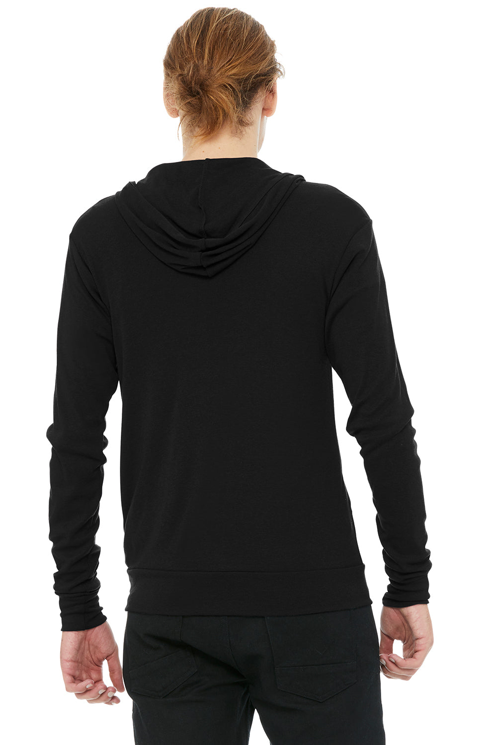 Bella + Canvas BC3939/3939 Mens Full Zip Long Sleeve Hooded T-Shirt Hoodie Solid Black Model Back