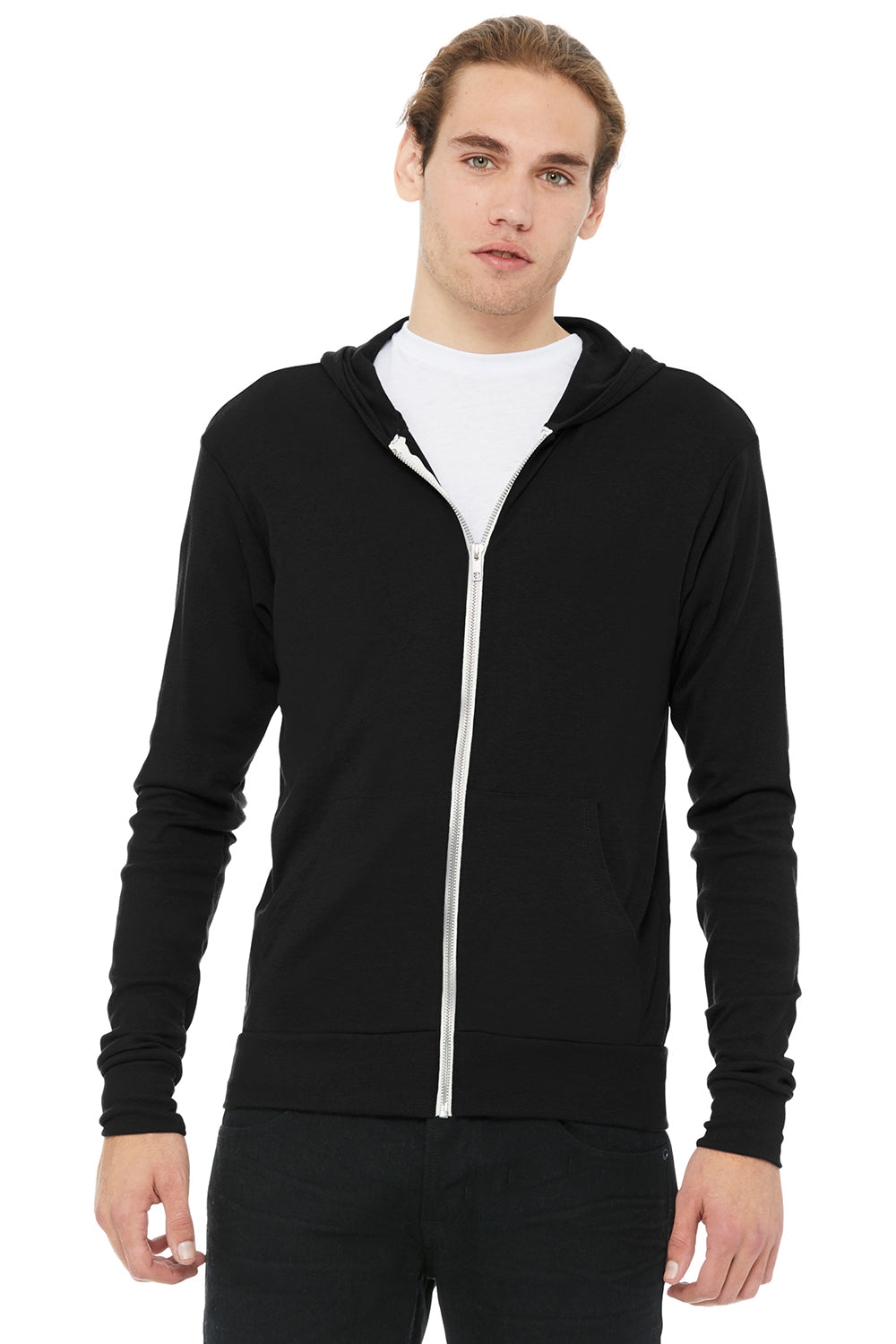 Bella + Canvas BC3939/3939 Mens Full Zip Long Sleeve Hooded T-Shirt Hoodie Solid Black Model Front