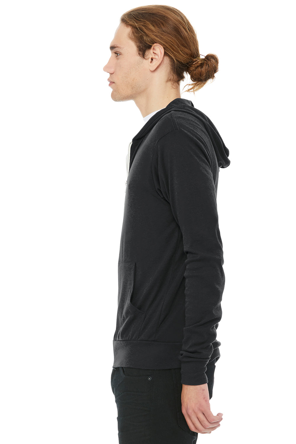 Bella + Canvas BC3939/3939 Mens Full Zip Long Sleeve Hooded T-Shirt Hoodie Solid Dark Grey Model Side