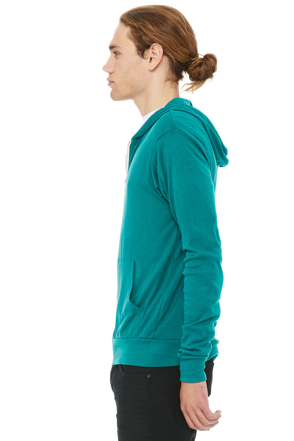 Bella + Canvas BC3939/3939 Mens Full Zip Long Sleeve Hooded T-Shirt Hoodie Teal Green Model Side