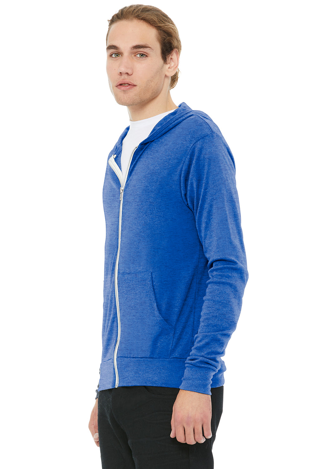 Bella + Canvas BC3939/3939 Mens Full Zip Long Sleeve Hooded T-Shirt Hoodie True Royal Blue Model 3Q
