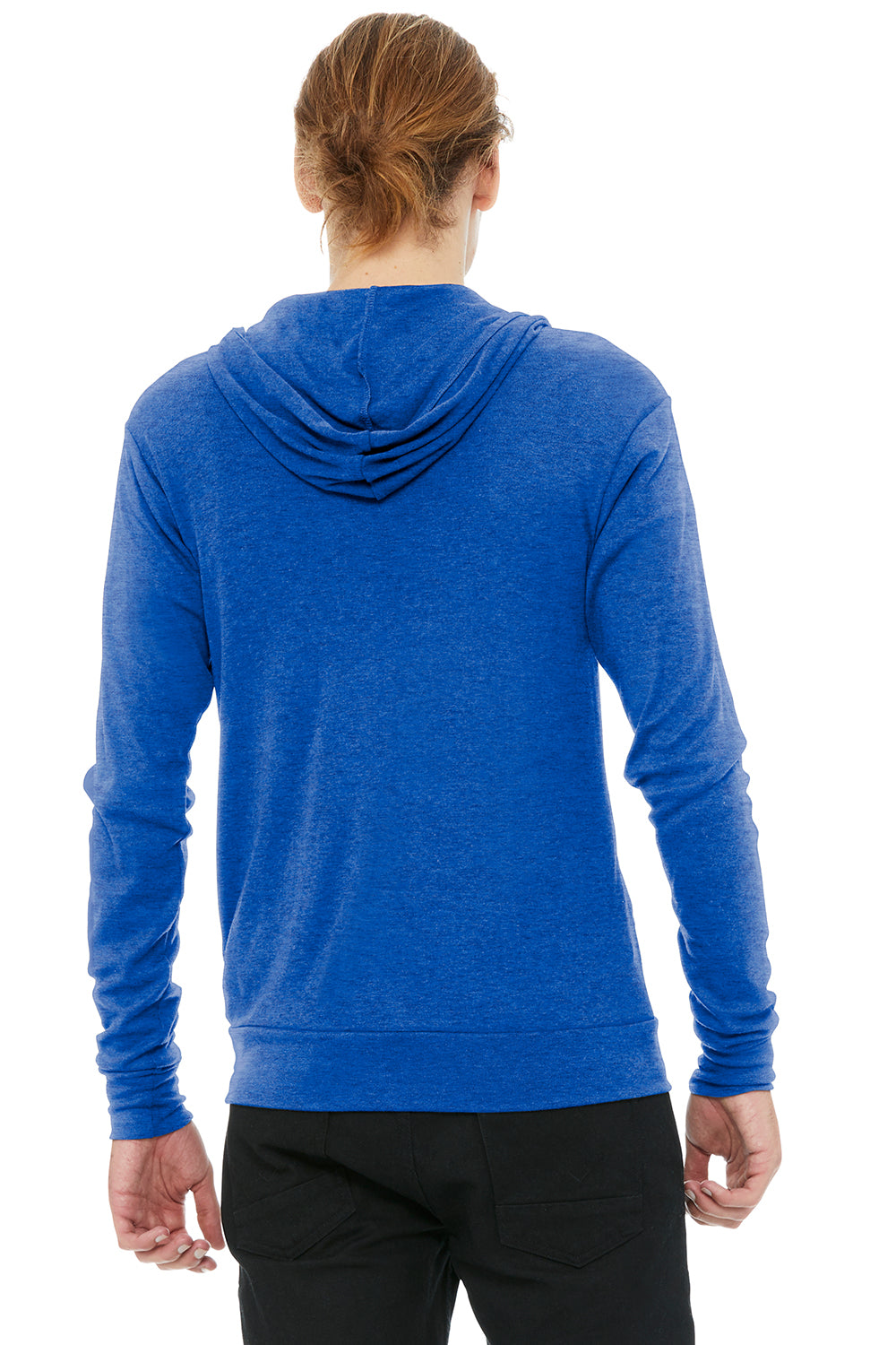 Bella + Canvas BC3939/3939 Mens Full Zip Long Sleeve Hooded T-Shirt Hoodie True Royal Blue Model Back