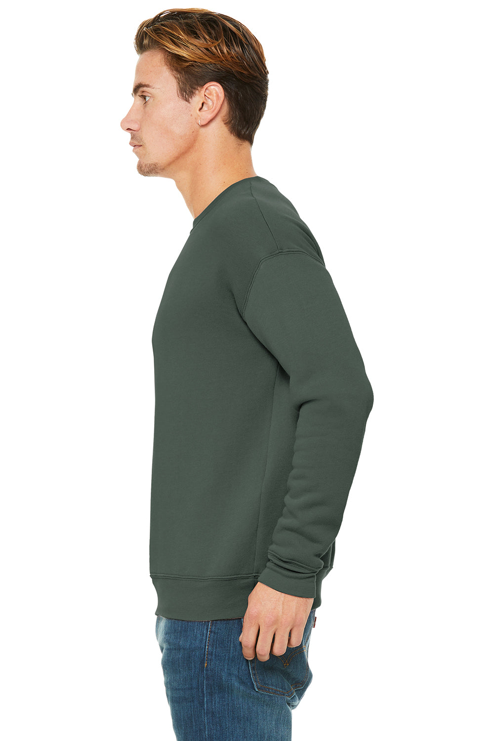 Bella + Canvas BC3945/3945 Mens Fleece Crewneck Sweatshirt Military Green Model Side