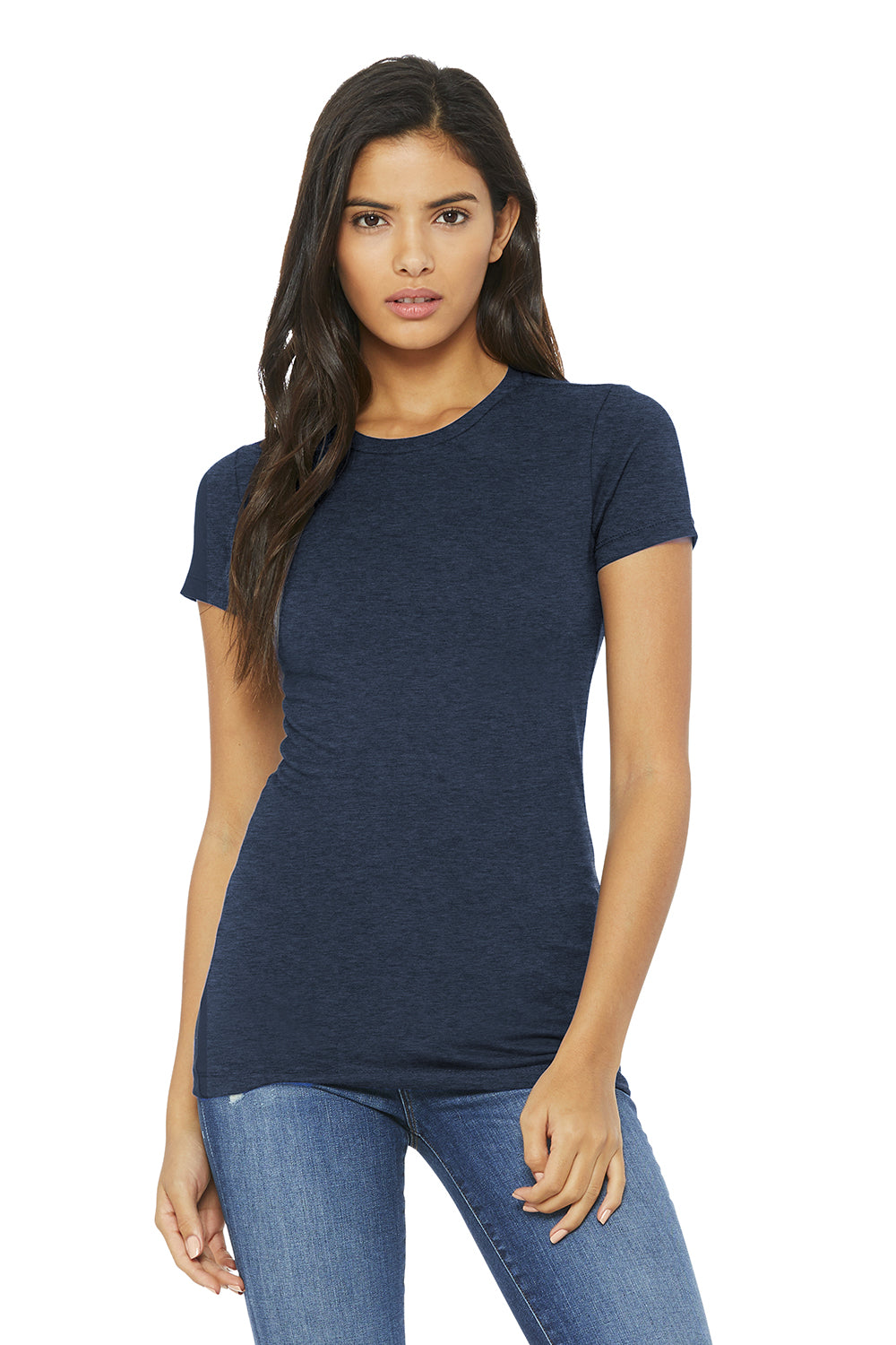 Bella + Canvas BC6004/6004 Womens The Favorite Short Sleeve Crewneck T-Shirt Heather Navy Blue Model Front