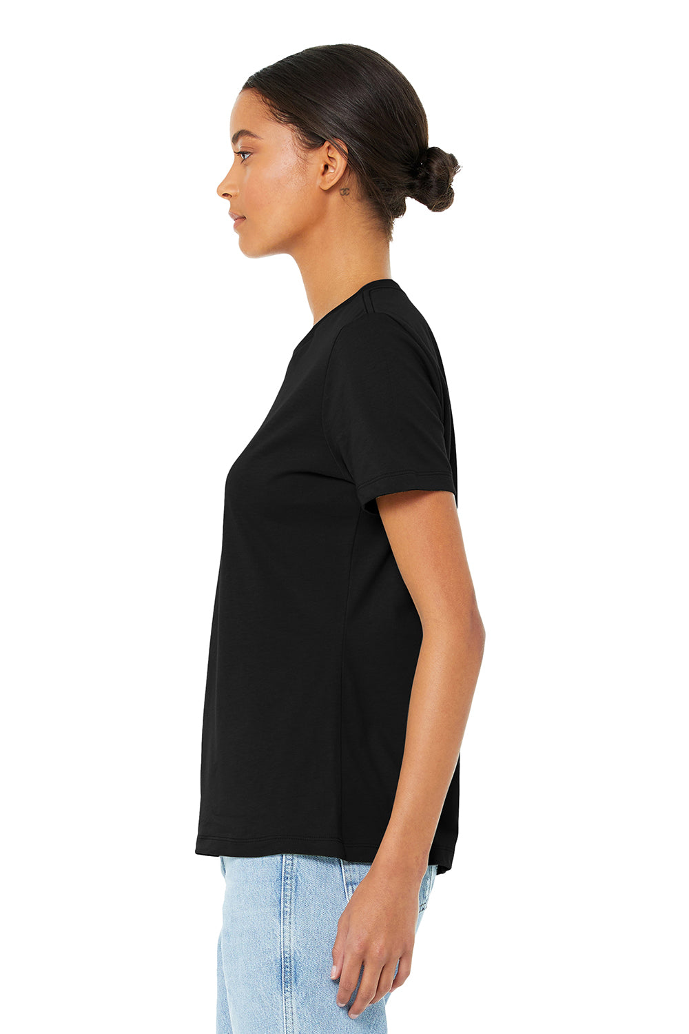 Bella + Canvas BC6400/B6400/6400 Womens Relaxed Jersey Short Sleeve Crewneck T-Shirt Black Model Side
