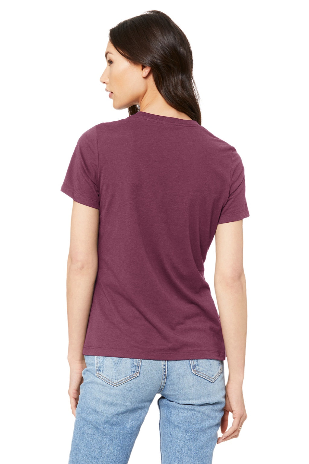 Bella + Canvas BC6400/6400 Womens Relaxed Jersey Short Sleeve Crewneck T-Shirt Maroon Model Back