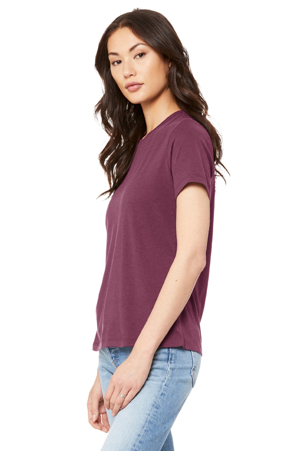 Bella + Canvas BC6400/6400 Womens Relaxed Jersey Short Sleeve Crewneck T-Shirt Maroon Model Side