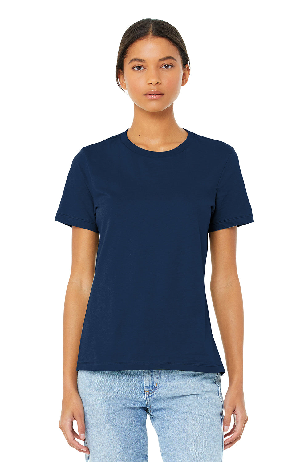 Bella + Canvas BC6400/B6400/6400 Womens Relaxed Jersey Short Sleeve Crewneck T-Shirt Navy Blue Model Front