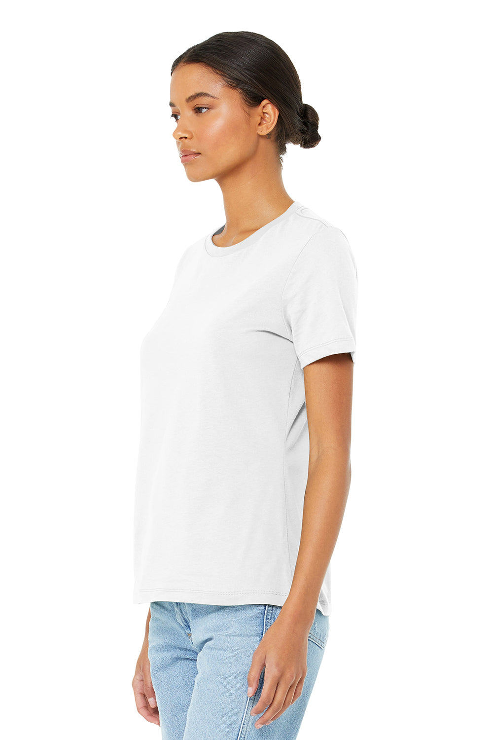 Bella + Canvas BC6400/B6400/6400 Womens Relaxed Jersey Short Sleeve Crewneck T-Shirt White Model 3Q