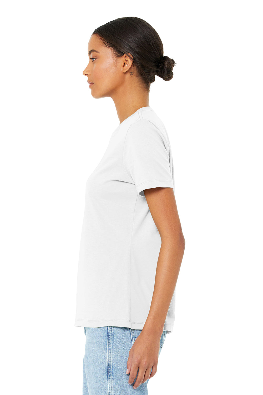 Bella + Canvas BC6400/B6400/6400 Womens Relaxed Jersey Short Sleeve Crewneck T-Shirt White Model Side