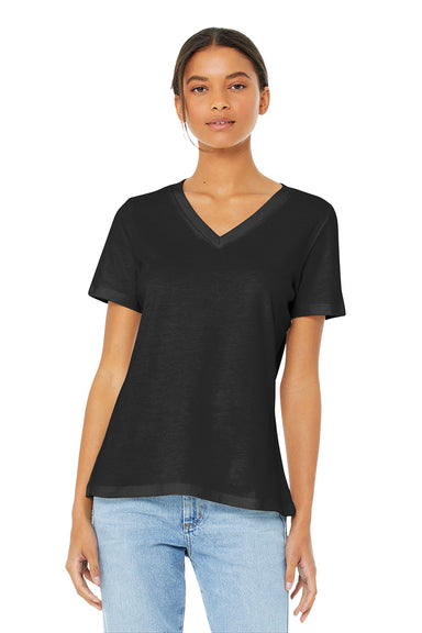 Bella + Canvas BC6405/6405 Womens Relaxed Jersey Short Sleeve V-Neck T-Shirt Black Model Front