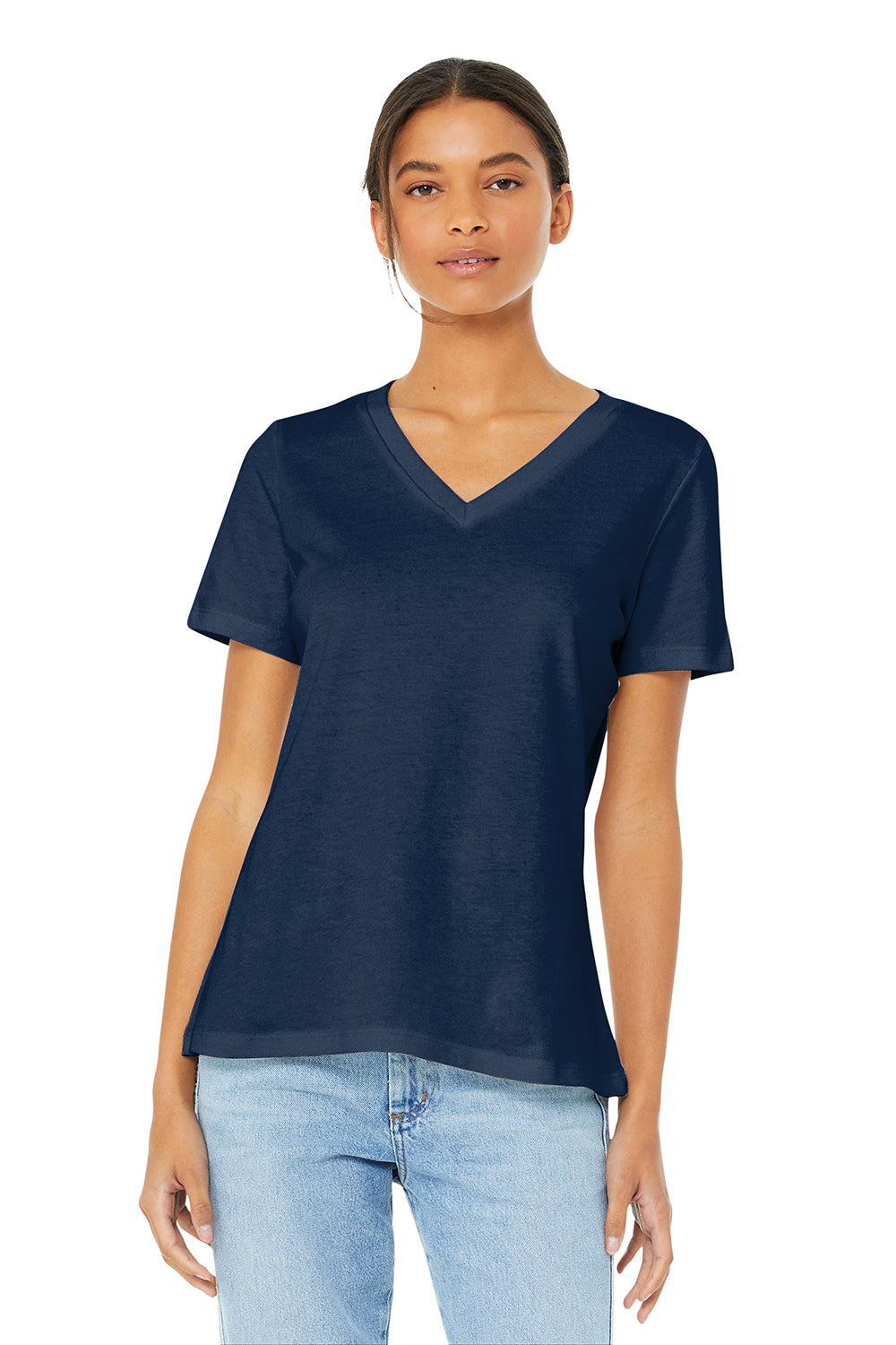 Bella + Canvas BC6405/6405 Womens Relaxed Jersey Short Sleeve V-Neck T-Shirt Navy Blue Model Front