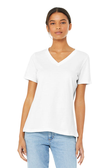 Bella + Canvas BC6405/6405 Womens Relaxed Jersey Short Sleeve V-Neck T-Shirt White Model Front