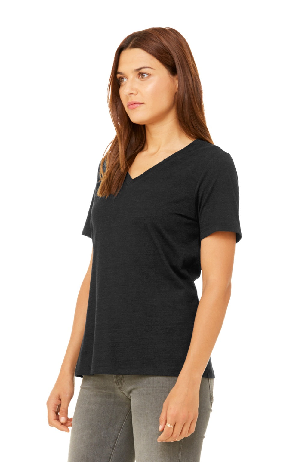 Bella + Canvas BC6405CVC/6405CVC Womens CVC Short Sleeve V-Neck T-Shirt Heather Black Model 3Q