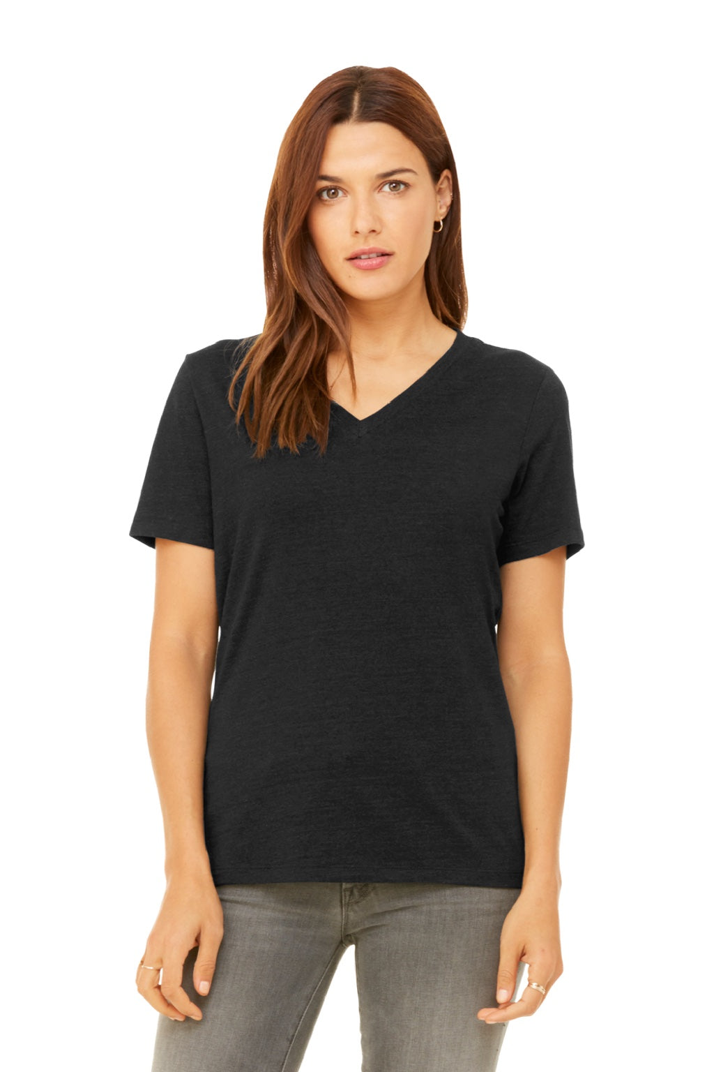 Bella + Canvas BC6405CVC/6405CVC Womens CVC Short Sleeve V-Neck T-Shirt Heather Black Model Front