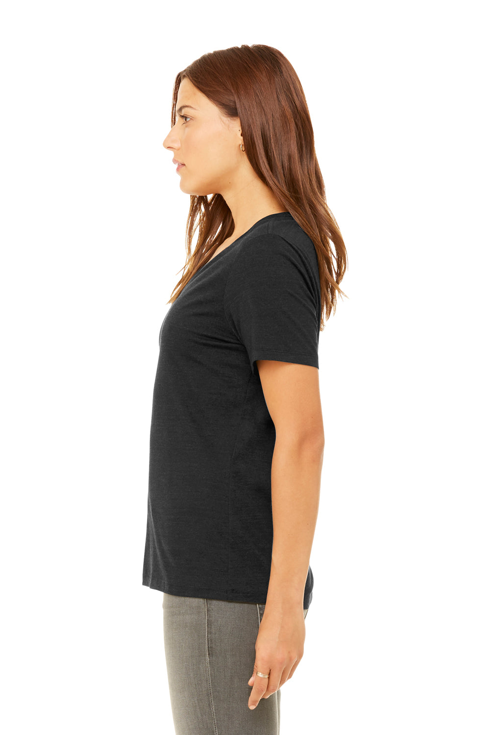 Bella + Canvas BC6405CVC Womens CVC Short Sleeve V-Neck T-Shirt Heather Black Model Side