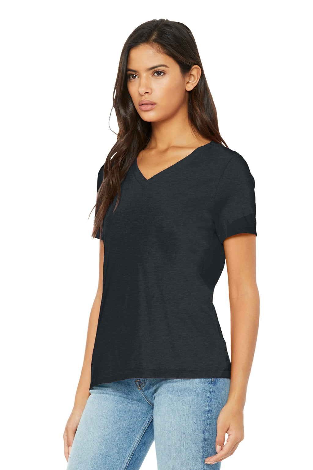 Bella + Canvas BC6405CVC/6405CVC Womens CVC Short Sleeve V-Neck T-Shirt Heather Dark Grey Model 3Q