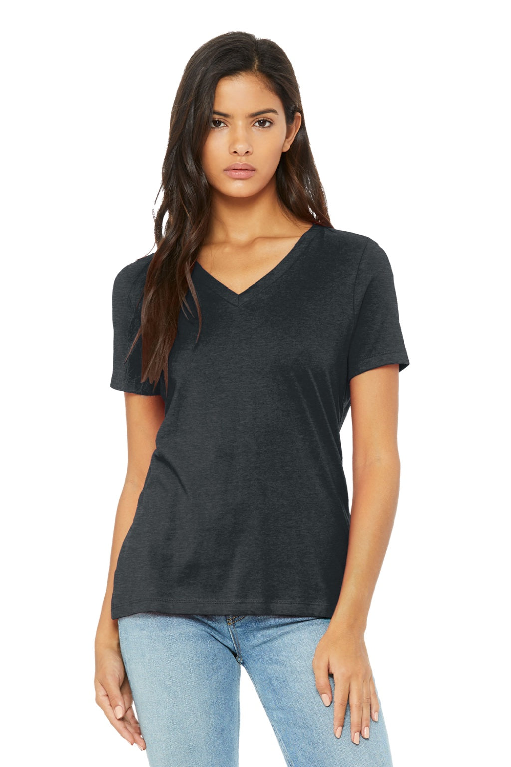Bella + Canvas BC6405CVC/6405CVC Womens CVC Short Sleeve V-Neck T-Shirt Heather Dark Grey Model Front