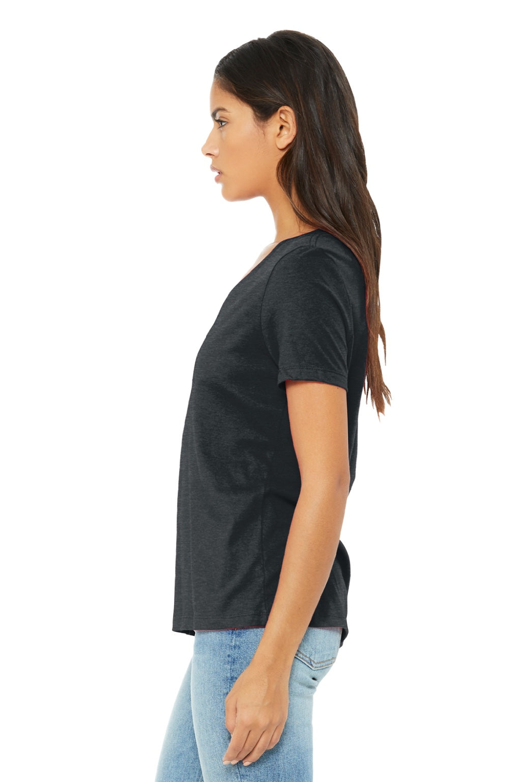 Bella + Canvas BC6405CVC/6405CVC Womens CVC Short Sleeve V-Neck T-Shirt Heather Dark Grey Model Side