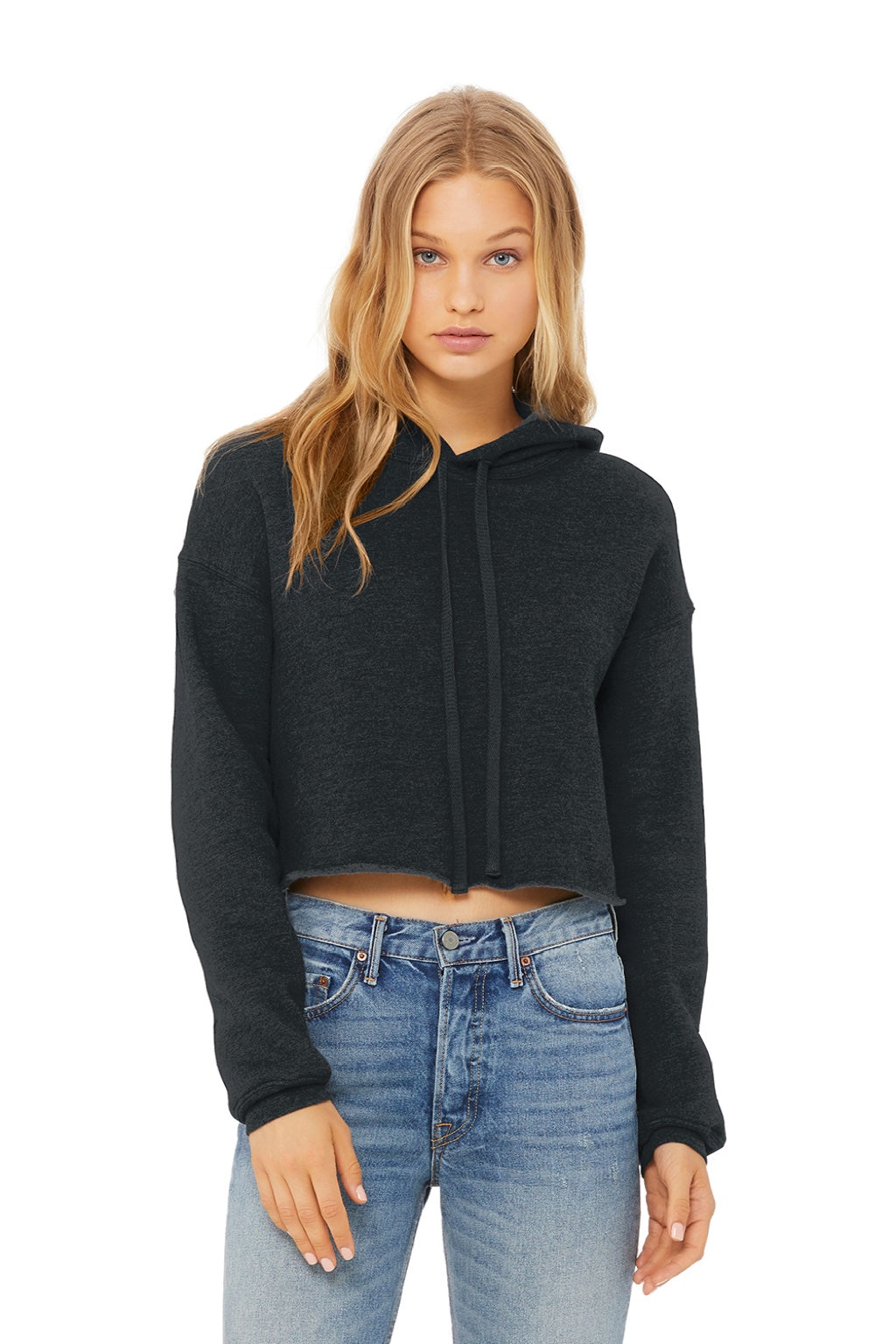 Bella + Canvas BC7502/7502 Womens Cropped Fleece Hooded Sweatshirt Hoodie Heather Dark Grey Model Front