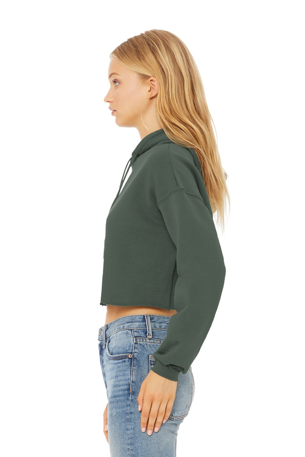 Bella + Canvas BC7502/7502 Womens Cropped Fleece Hooded Sweatshirt Hoodie Military Green Model Side