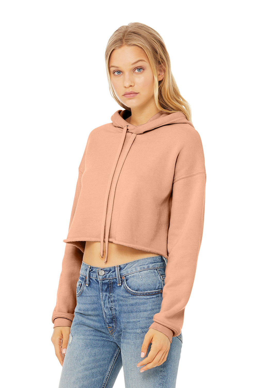 Bella + Canvas BC7502/B7502/7502 Womens Cropped Fleece Hooded Sweatshirt Hoodie Peach Model 3Q