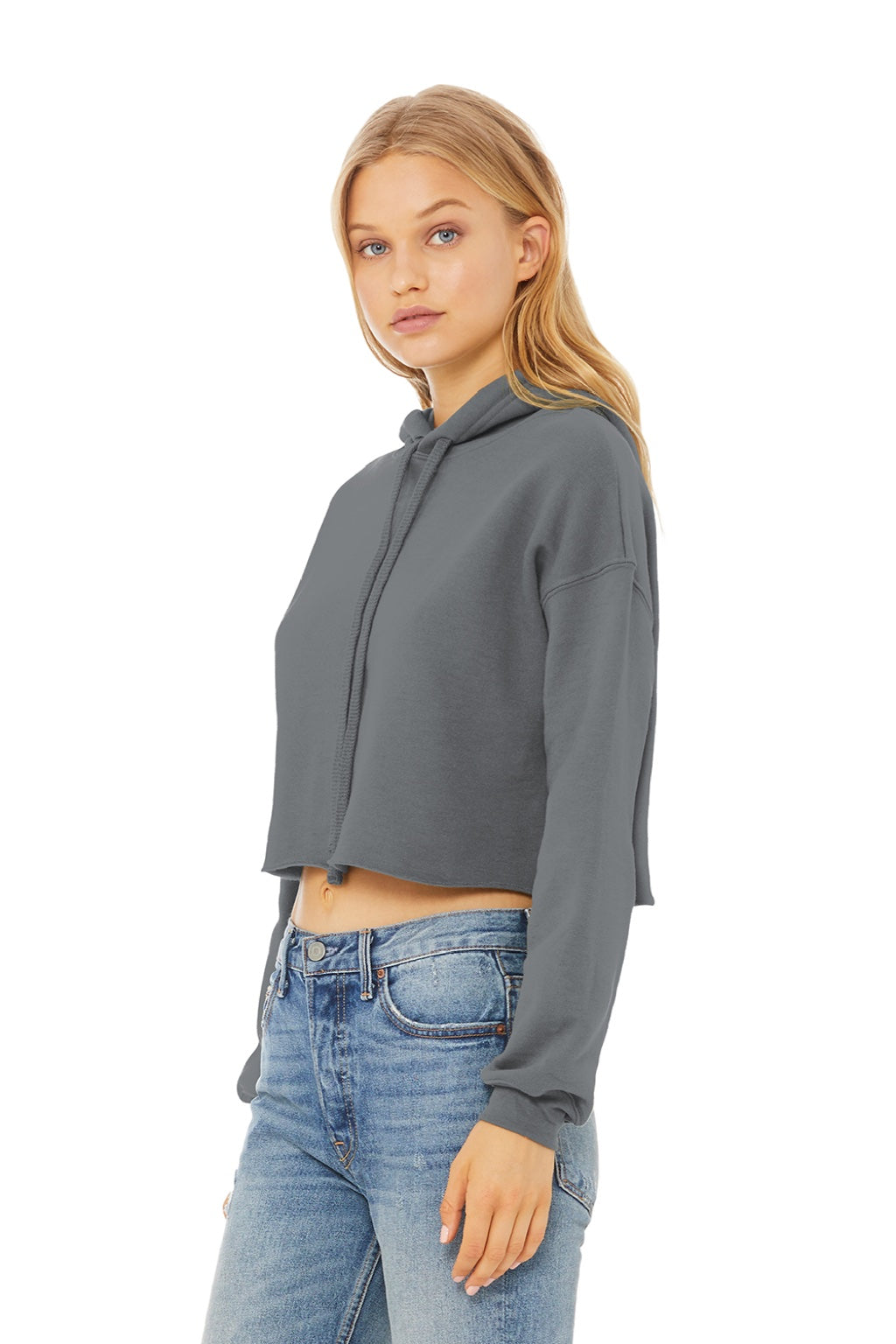 Bella + Canvas BC7502/7502 Womens Cropped Fleece Hooded Sweatshirt Hoodie Storm Grey Model 3Q