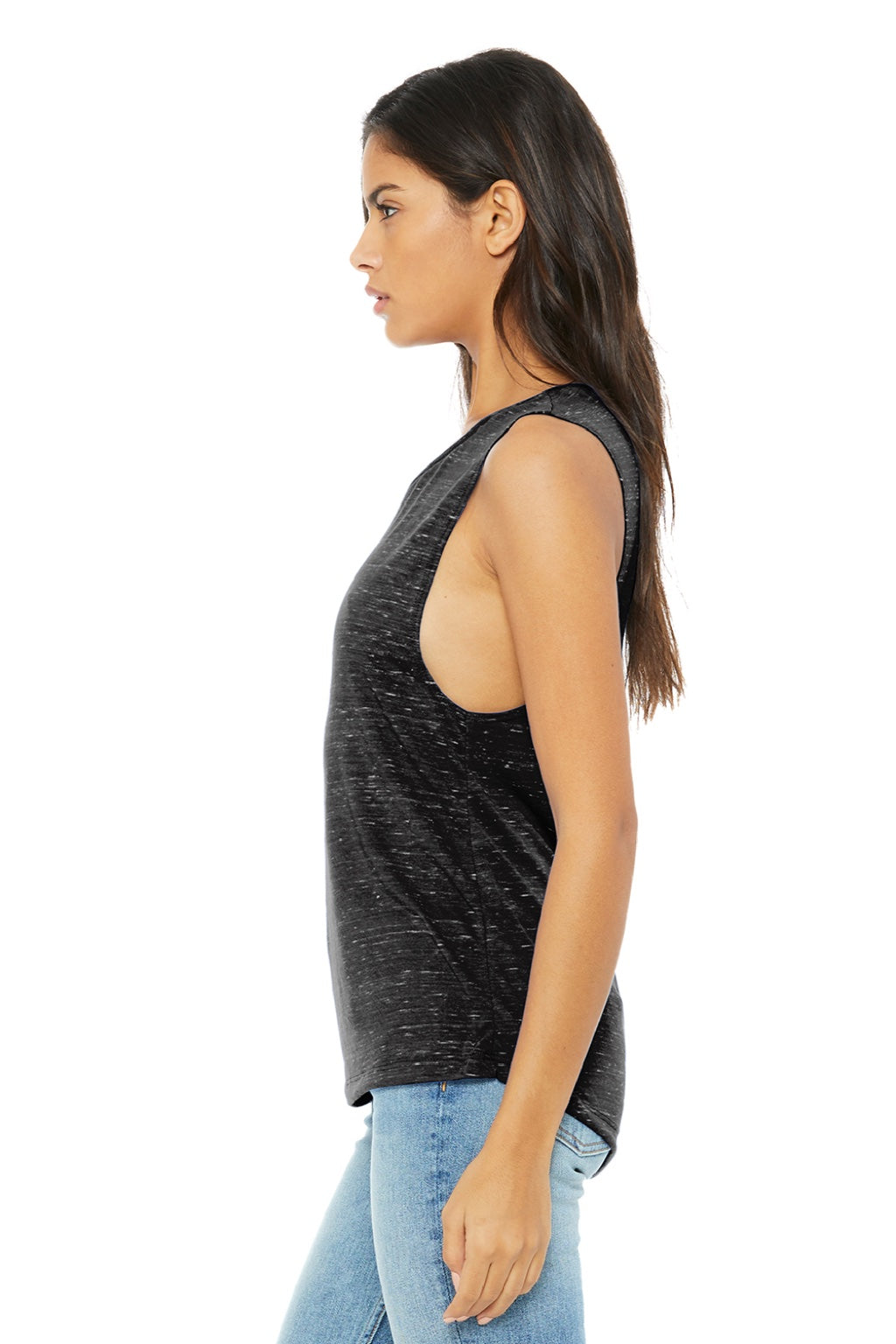 Bella + Canvas BC8803/8803 Womens Flowy Muscle Tank Top Black Marble Model Side
