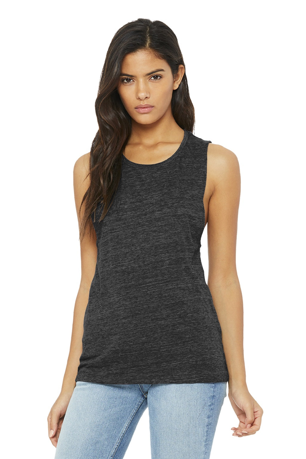 Bella + Canvas BC8803/8803 Womens Flowy Muscle Tank Top Charcoal Black Slub Model Front