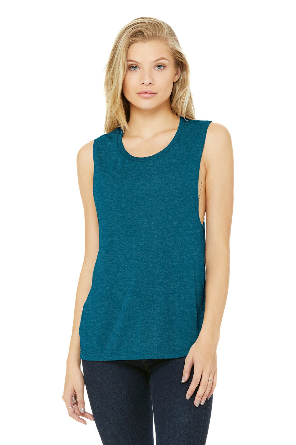 Bella + Canvas BC8803/8803 Womens Flowy Muscle Tank Top Heather Deep Teal Blue Model Front