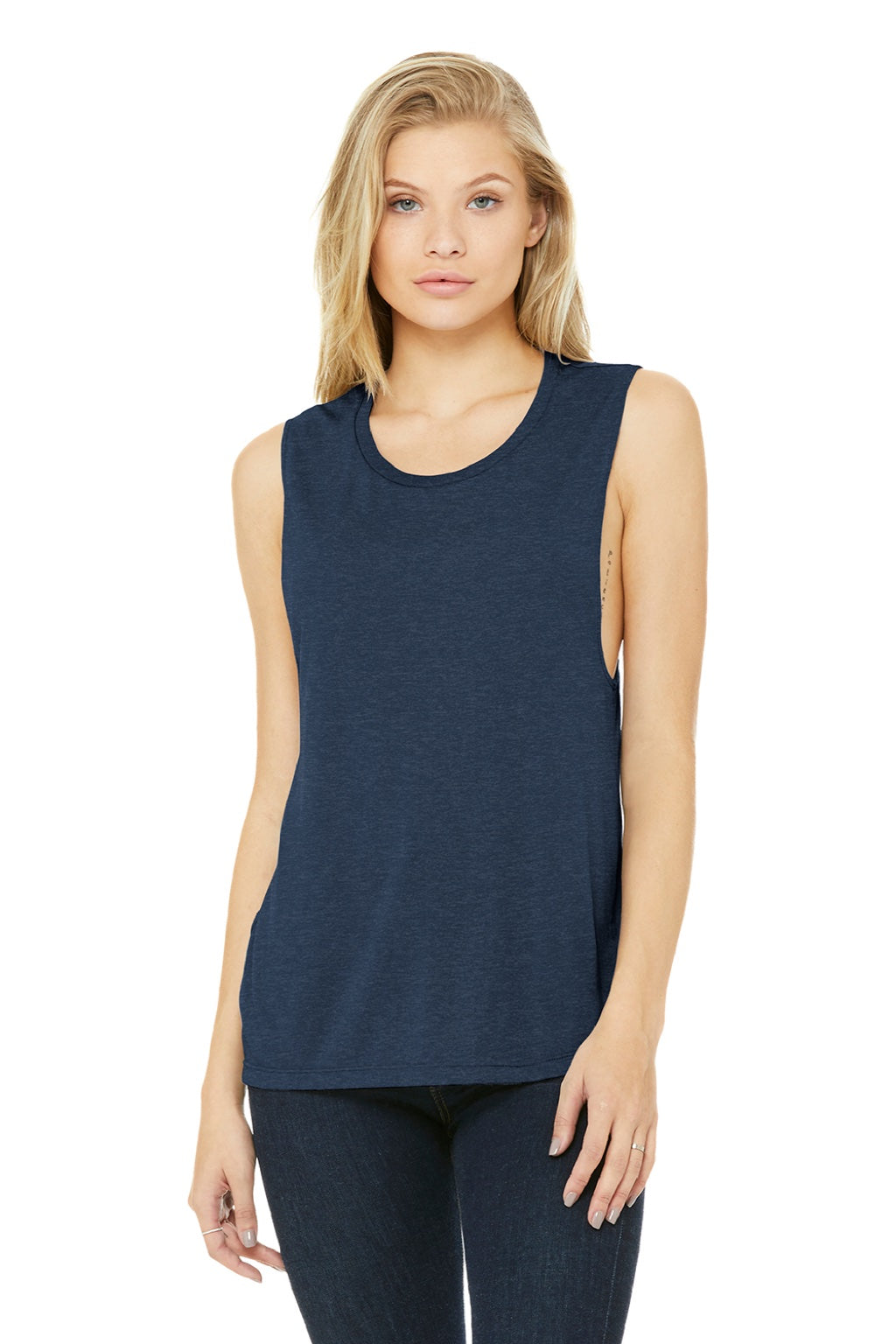 Bella + Canvas BC8803/8803 Womens Flowy Muscle Tank Top Heather Navy Blue Model Front