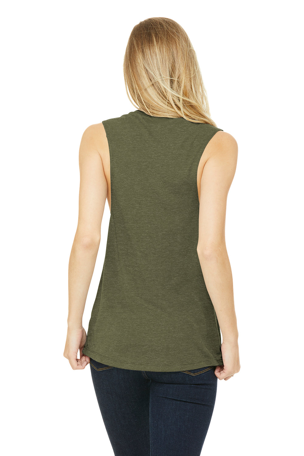 Bella + Canvas BC8803/B8803/8803 Womens Flowy Muscle Tank Top Heather Olive Green Model Back