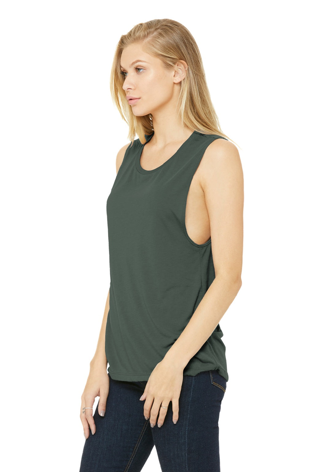 Bella + Canvas BC8803/8803 Womens Flowy Muscle Tank Top Military Green Model 3Q