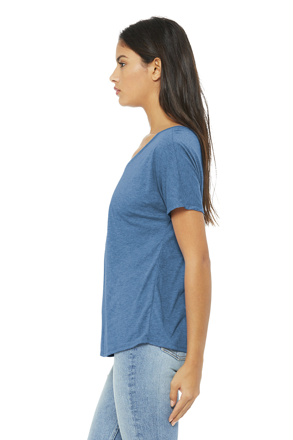 Bella + Canvas BC8816/8816 Womens Slouchy Short Sleeve Wide Neck T-Shirt Blue Triblend Model Side