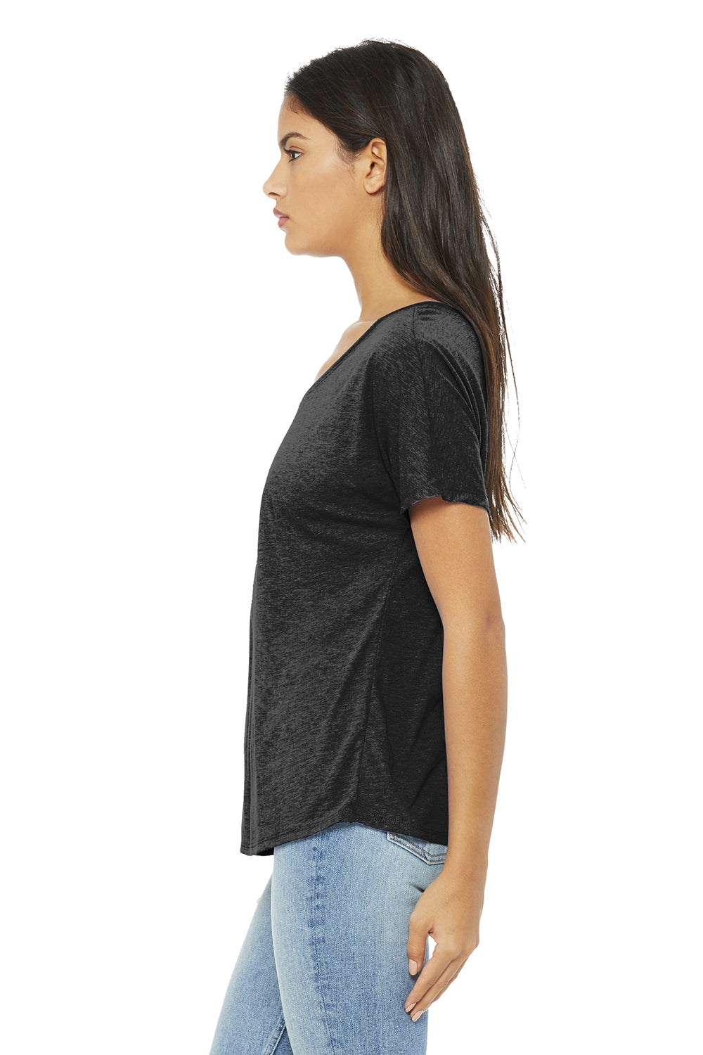 Bella + Canvas BC8816/8816 Womens Slouchy Short Sleeve Wide Neck T-Shirt Charcoal Black Triblend Model Side