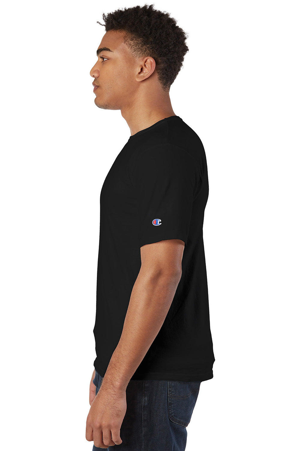 Champion CD100 Mens Garment Dyed Short Sleeve Crewneck T-Shirt Black Model Side