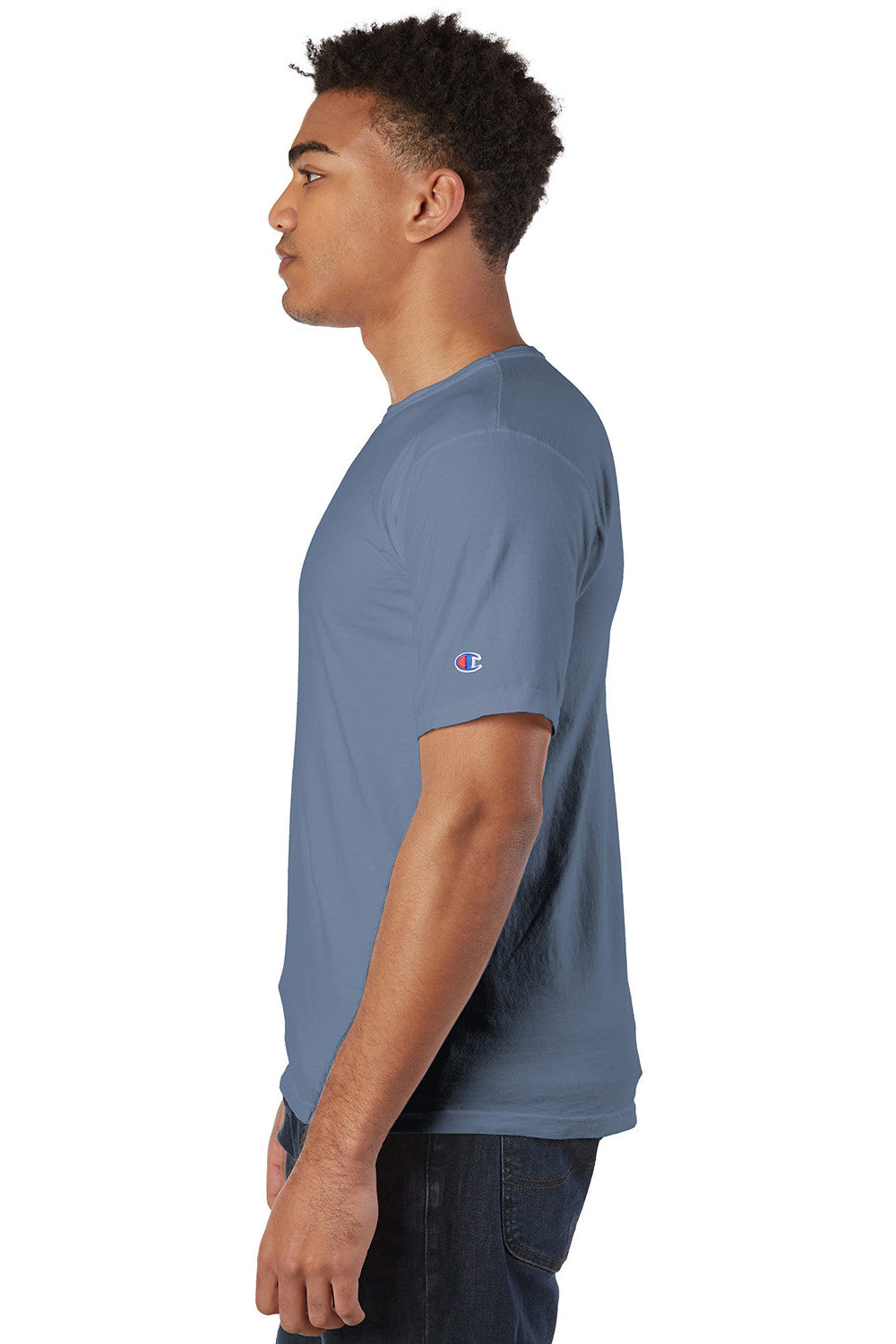 Champion CD100 Mens Garment Dyed Short Sleeve Crewneck T-Shirt Saltwater Blue Model Side