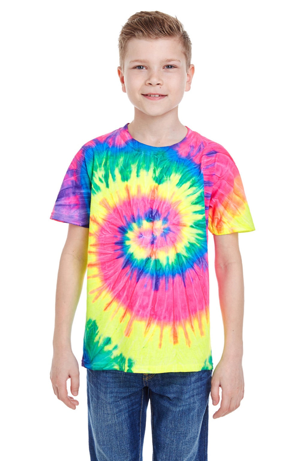 Colortone 1000Y Youth Short Sleeve Crewneck T-Shirt Neon Rainbow Model Front