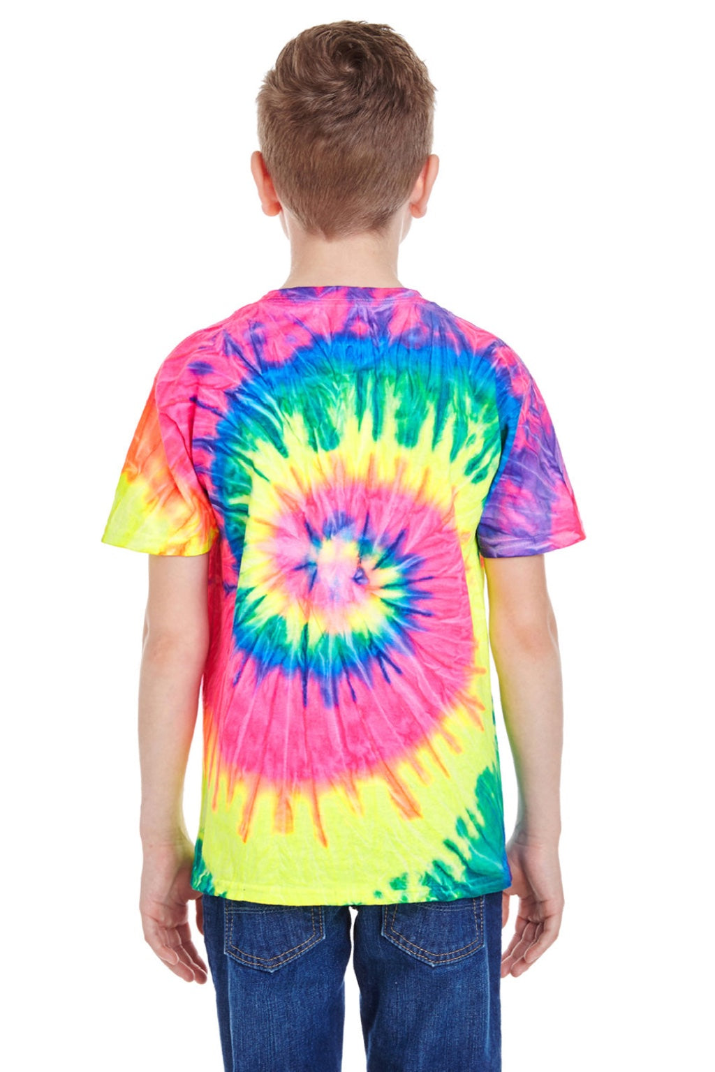 Colortone 1000Y Youth Short Sleeve Crewneck T-Shirt Neon Rainbow Model Back