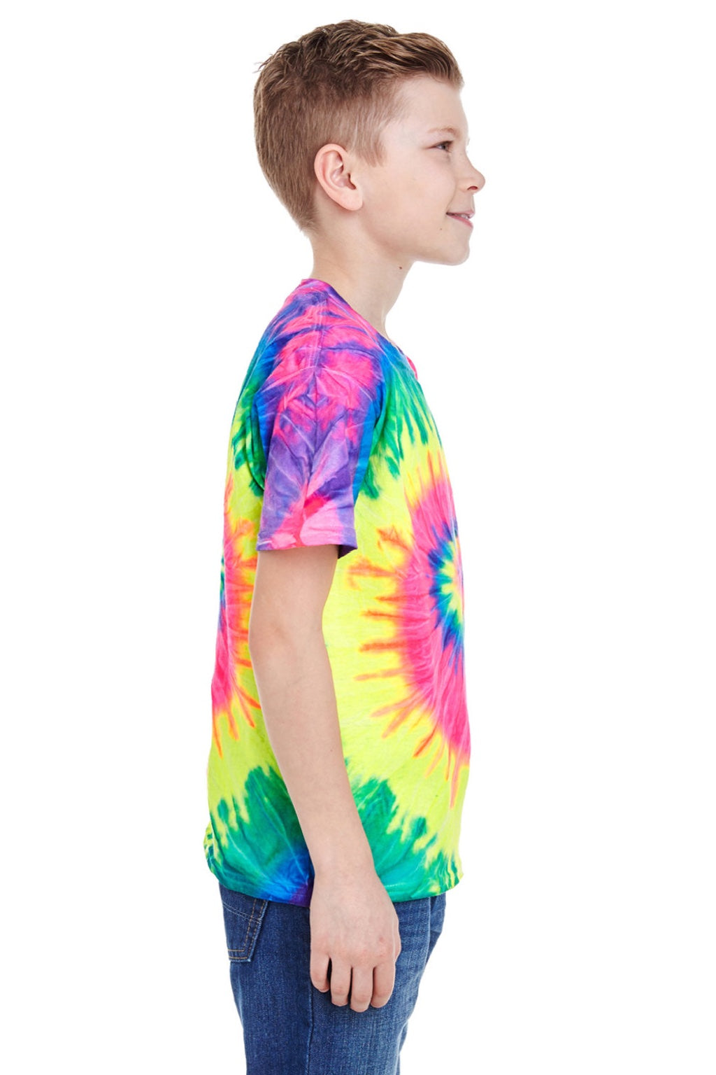 Colortone 1000Y Youth Short Sleeve Crewneck T-Shirt Neon Rainbow Model Side