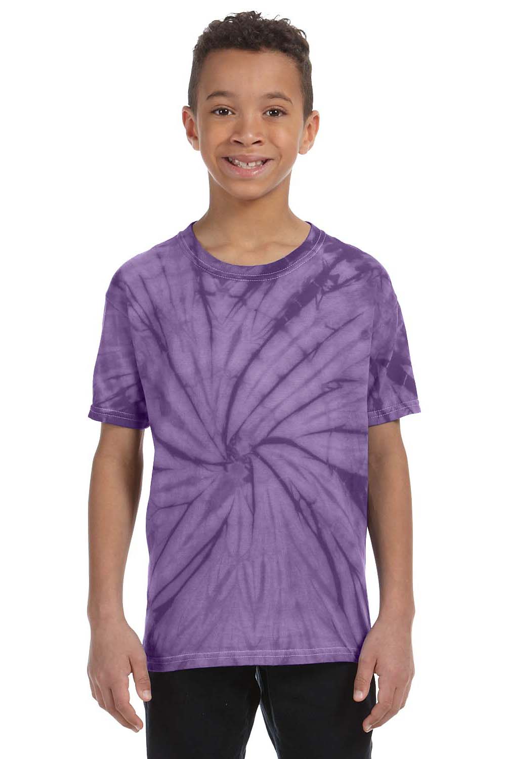 Tie-Dye CD101Y Youth Short Sleeve Crewneck T-Shirt Purple Model Front
