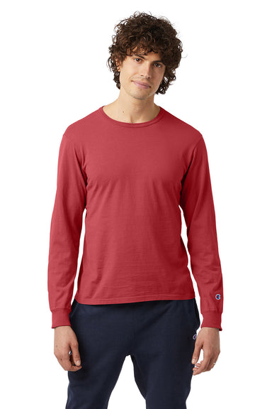 Champion CD200 Mens Garment Dyed Long Sleeve Crewneck T-Shirt Crimson Red Model Front