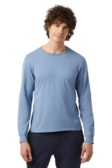 Champion CD200 Mens Garment Dyed Long Sleeve Crewneck T-Shirt Saltwater Blue Model Front