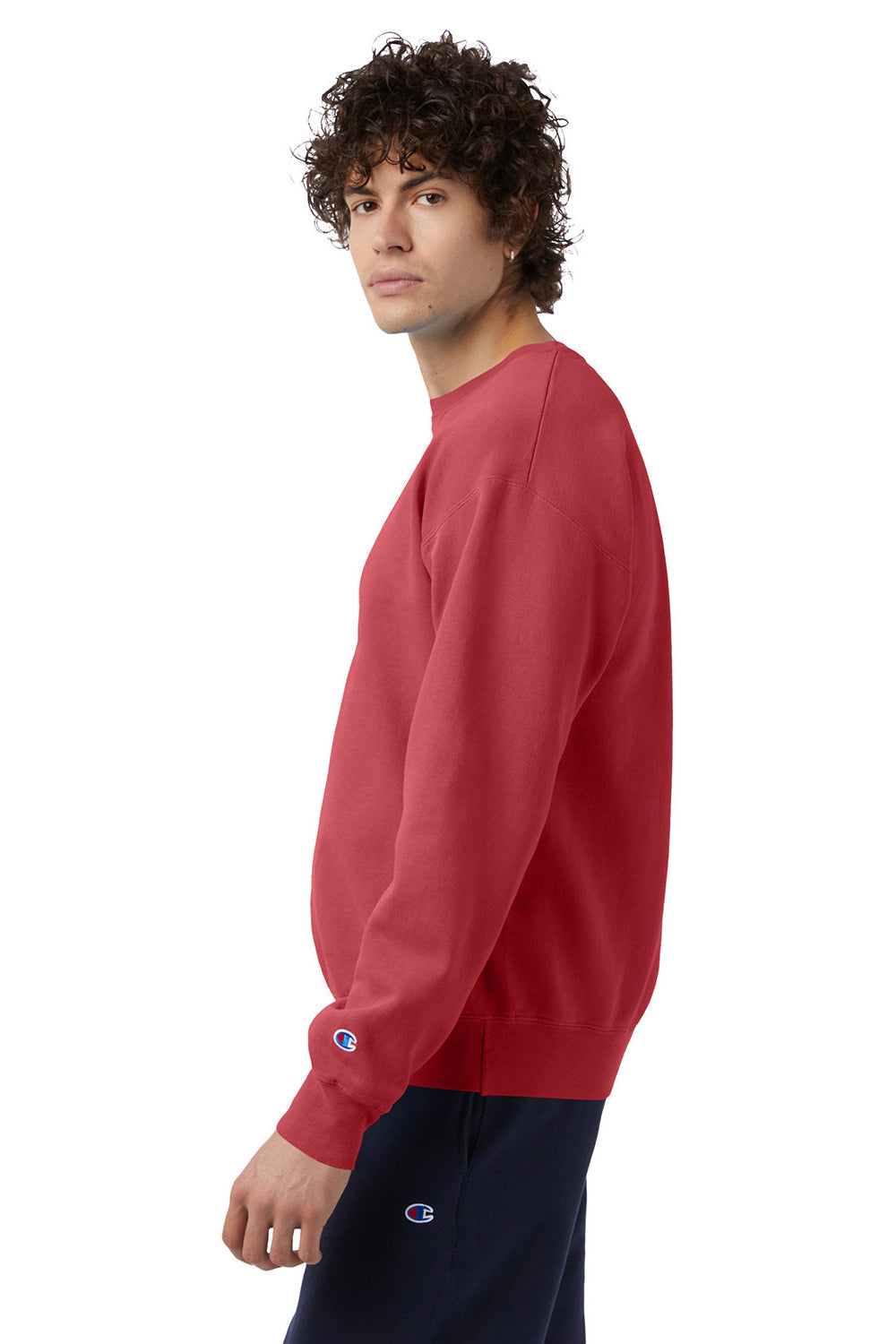 Champion CD400 Mens Garment Dyed Crewneck Sweatshirt Crimson Red Model Side