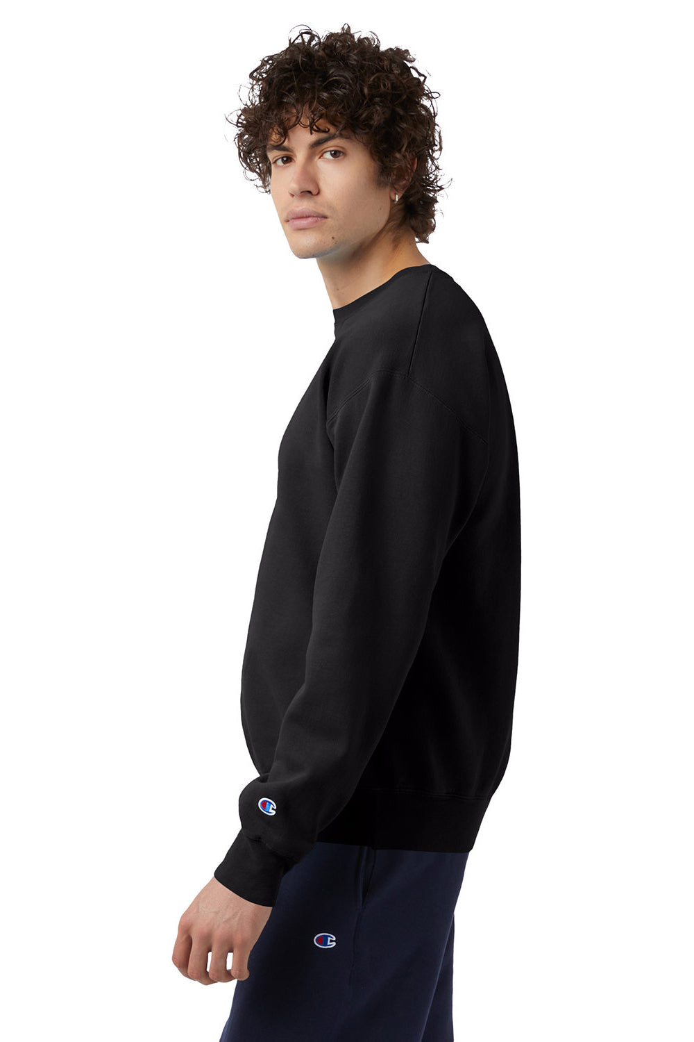 Champion CD400 Mens Garment Dyed Crewneck Sweatshirt Black Model Side