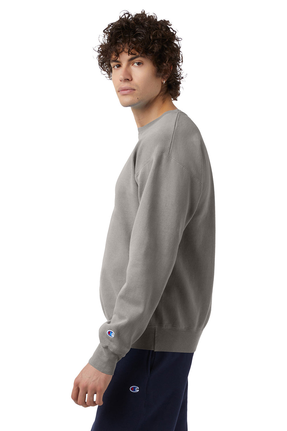 Champion CD400 Mens Garment Dyed Crewneck Sweatshirt Concrete Grey Model Side
