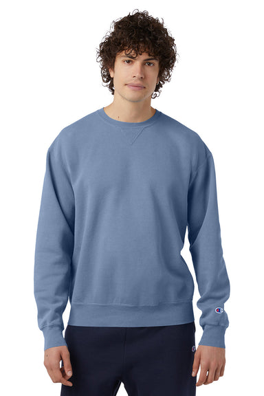 Champion CD400 Mens Garment Dyed Crewneck Sweatshirt Saltwater Blue Model Front