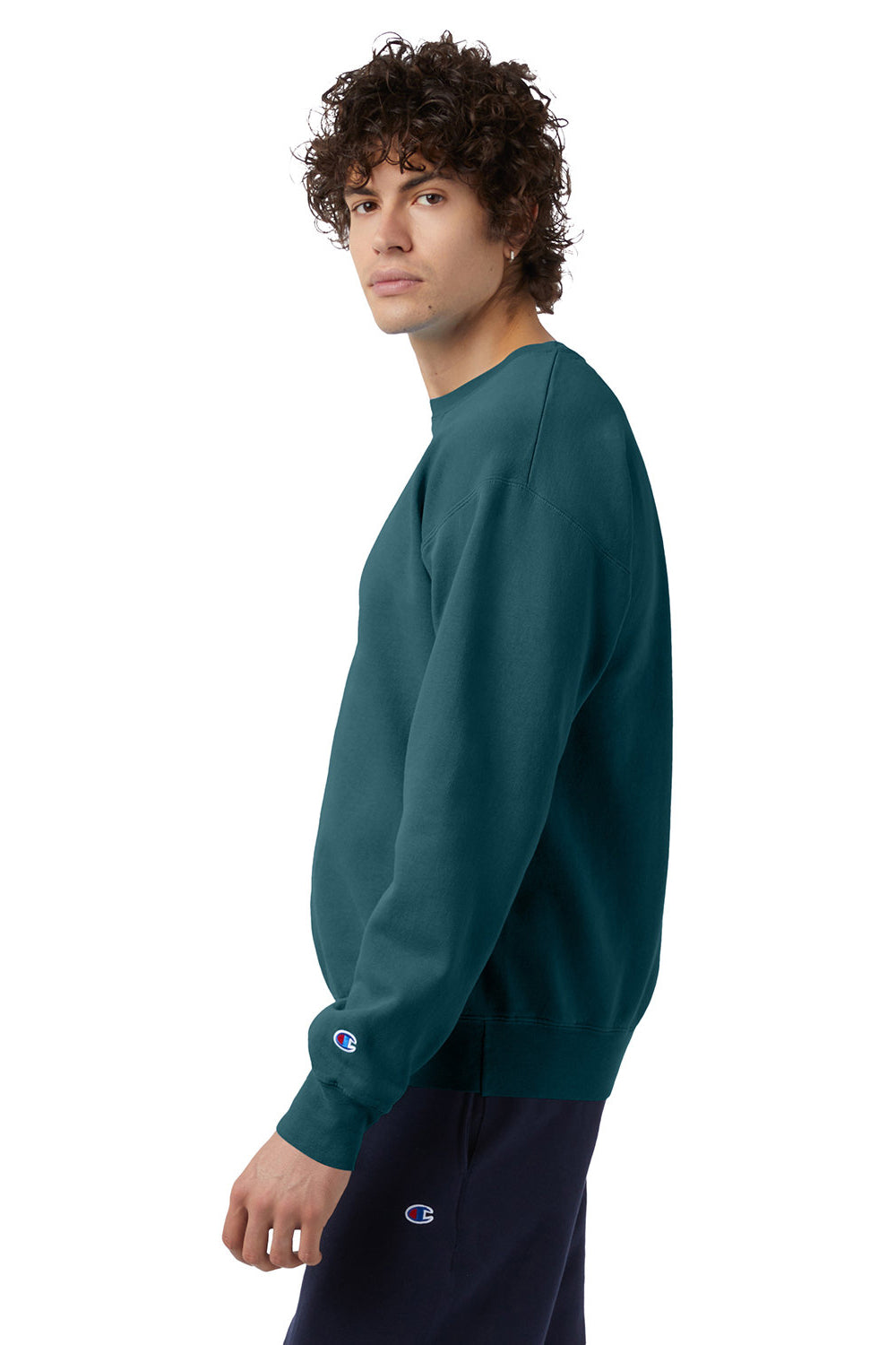 Champion CD400 Mens Garment Dyed Crewneck Sweatshirt Cactus Green Model Side