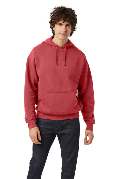 Champion CD450 Mens Garment Dyed Hooded Sweatshirt Hoodie Crimson Red Model Front